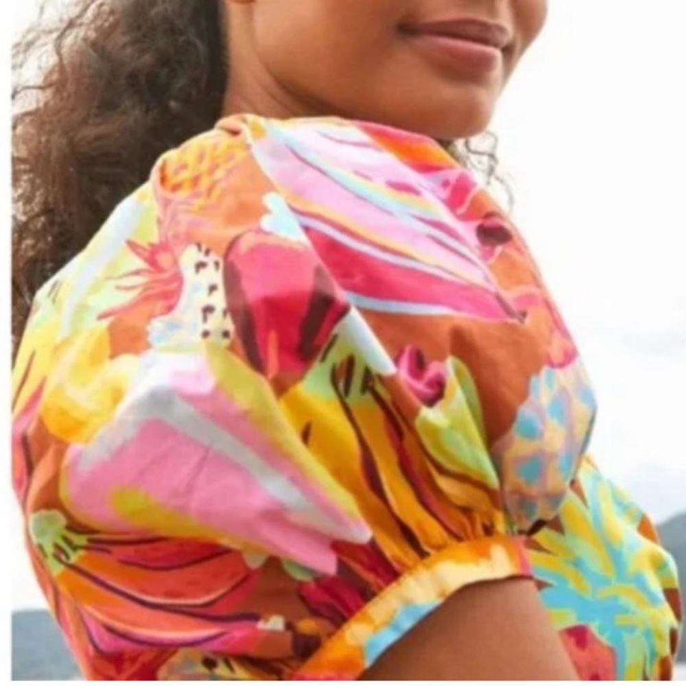 NWT FARM Rio Fruit Salad MIDI Dress Fruit Print with Puff Sleeves Size Large - Picture 14 of 16